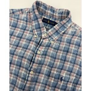 Ralph Lauren Shirt Mens XXL Blue Red Plaid 100% Linen Short Sleeve Pony Logo